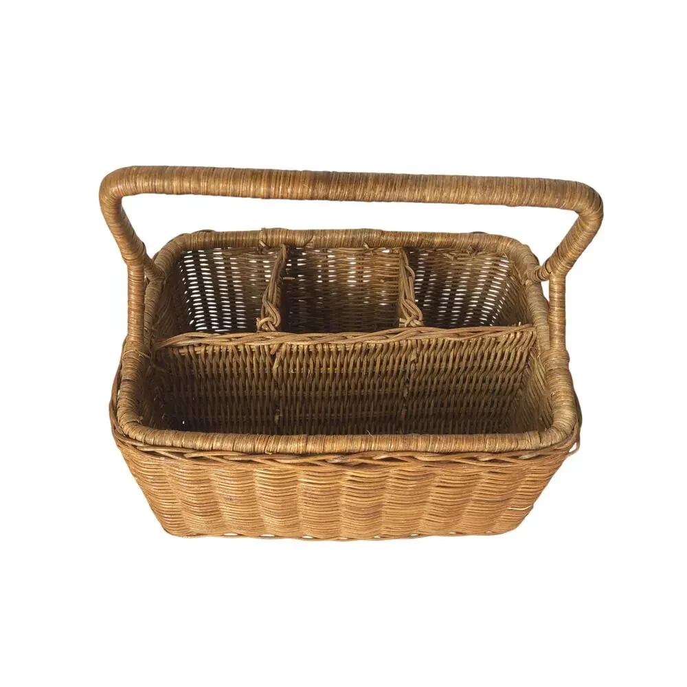 Vintage Rattan & Wicker Divided Utensil Caddy Storage Basket Country Cottage